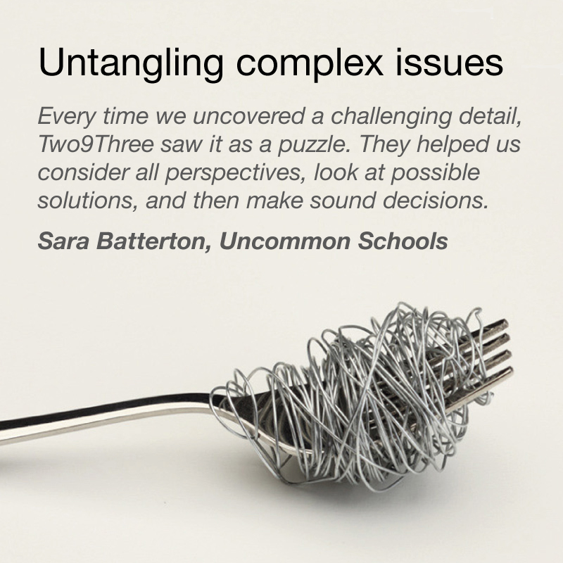 Untangling complex issuesEvery time we uncovered a challenging detail, Two9Three saw it as a puzzle. They helped us consider all perspectives, look at possible solutions, and then make sound decisions.Sara Batterton, Uncommon Schools